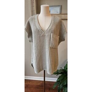 POL V-Neck Oversized Chenille One Pocket Knit Pullover Sweater Women Size S Gray
